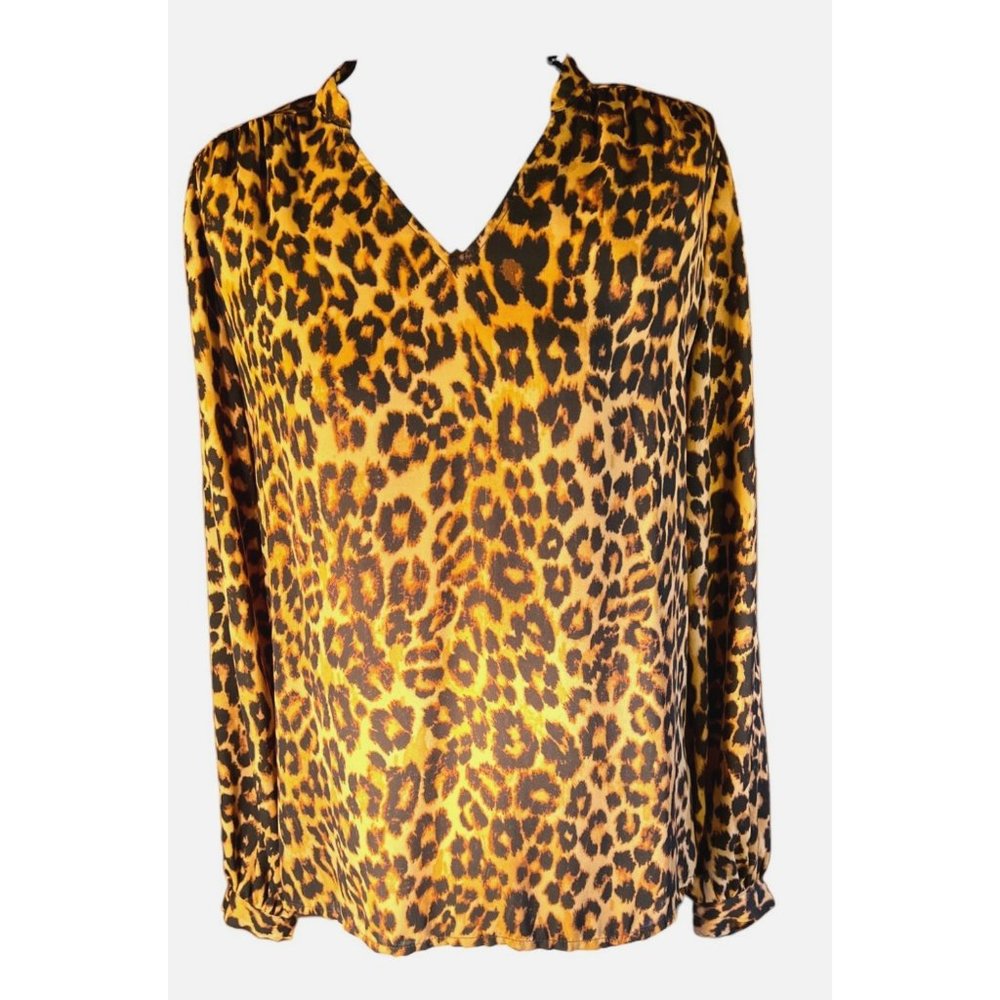 Isaac Mizrahi New York Leopard Chiffon V-Neck Balloon Sleeve IMNYC Size XS